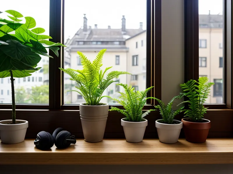 Blick aus dem Fenster in einen Freiburger Innenhof mit Kopfhörern auf dem Sims.