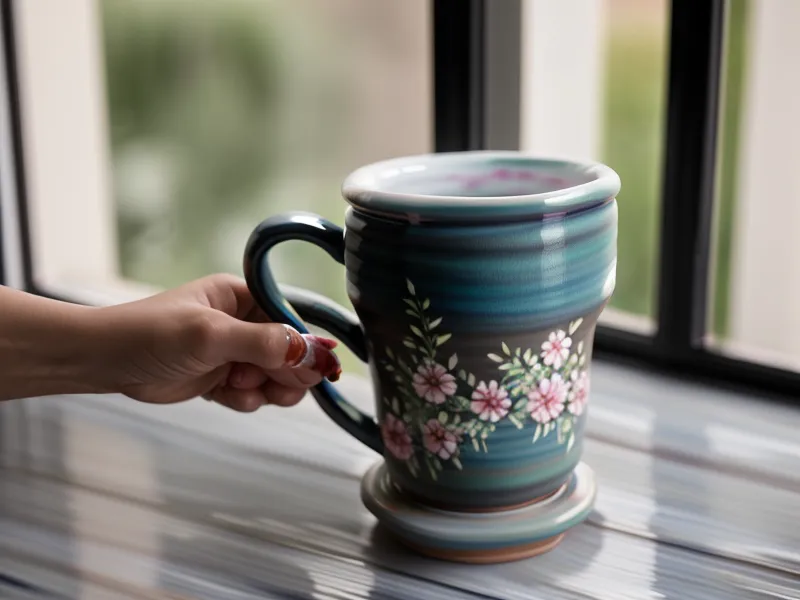 Dampfende Kaffeetasse neben einem kleinen Heilstein auf einem Schreibtisch.