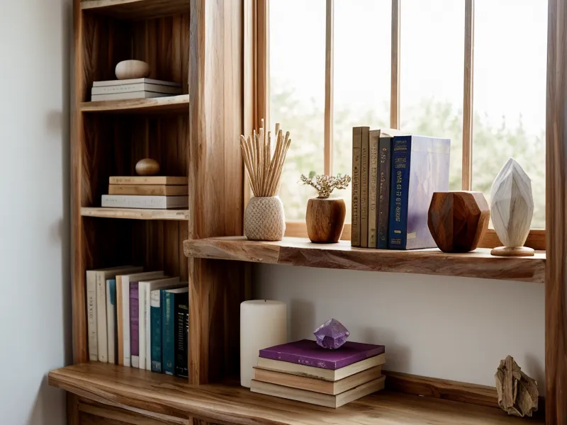 Ein Holzregal mit spirituellen Büchern und ordentlich gestapelten Notizheften in einer hellen Wohnung — Material zur Kursbewertung von phoenix999.