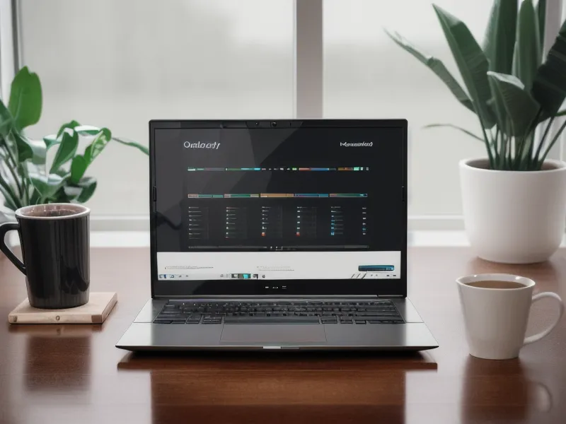 Ein Laptop mit einem übersichtlichen Kurs-Dashboard auf einem hölzernen Tisch.