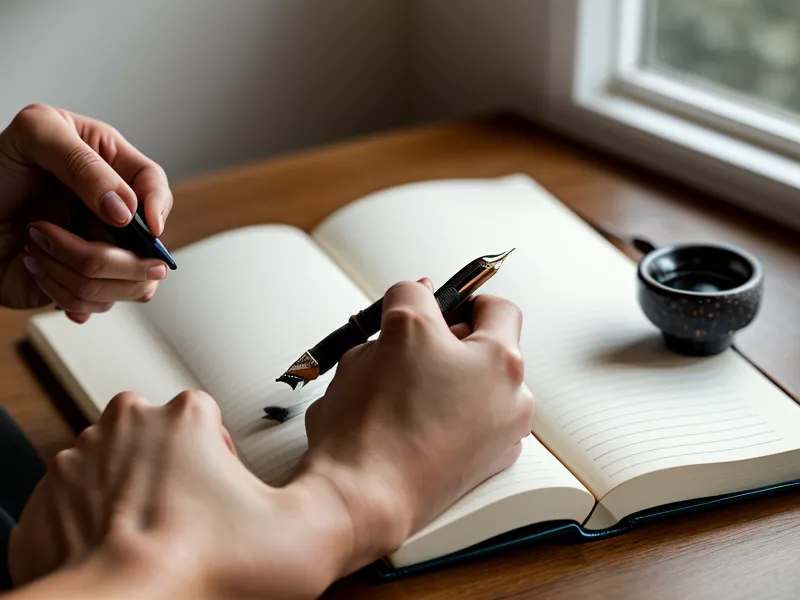 Eine Hand schreibt Notizen in ein Heft neben Steinen und Kaffee.