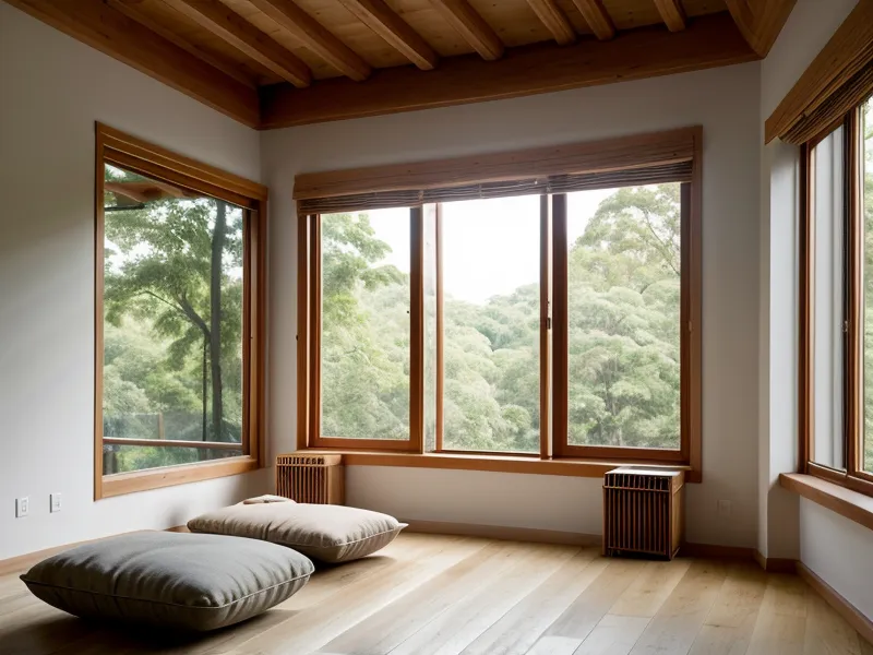 Ein einfaches Meditationskissen in einer hellen Altbauwohnung mit Blick ins Grüne.