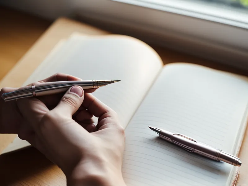 Close-up of a hand writing in an A5 notebook with a focus on structured notes.