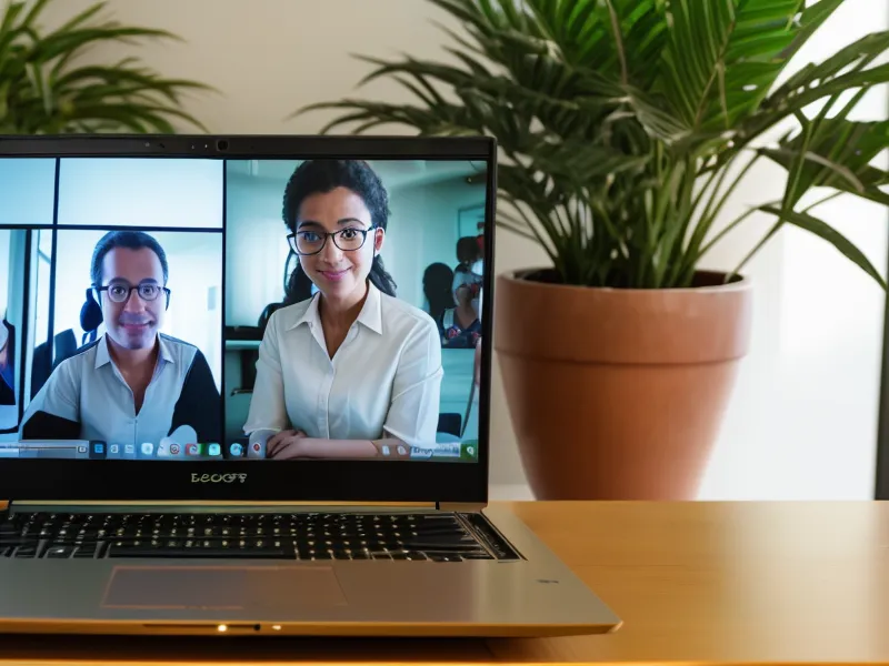 Ein Laptop zeigt einen verschwommenen Gruppen-Call auf einem Schreibtisch in einer Altbauwohnung.