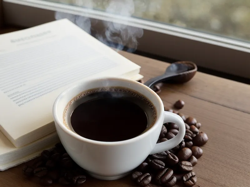 A5-Notizheft für den Selbstheilung-Erfahrungsbericht neben einer Tasse Kaffee auf dem Schreibtisch