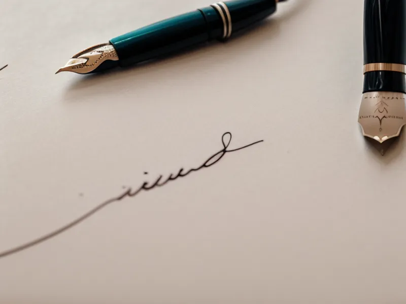 Nahaufnahme einer Hand, die mit einem Füllfederhalter Notizen in ein Heft schreibt.