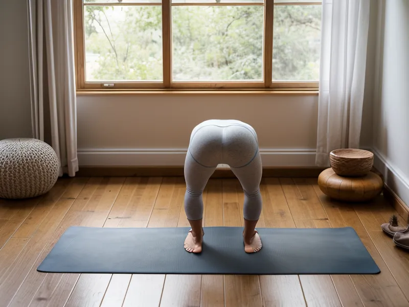 Eine Yoga-Matte und ein Laptop in einem hellen Zimmer für energetische Übungen.