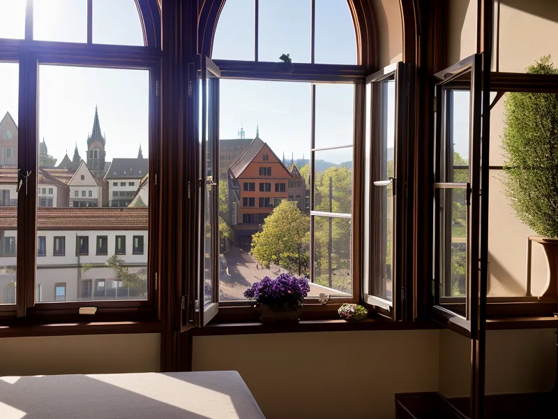 Blick aus dem Fenster in einen Freiburger Innenhof mit energetischen Utensilien auf der Fensterbank.