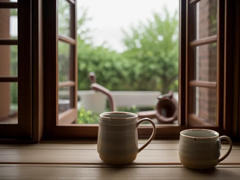 Blick aus einem Freiburger Altbaufenster in einen grünen Innenhof mit einer Kaffeetasse.