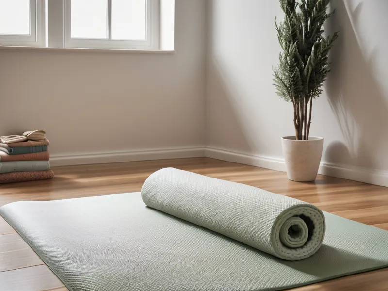 Eine zusammengerollte Yogamatte in einer hellen Zimmerecke für die morgendlichen Übungen.