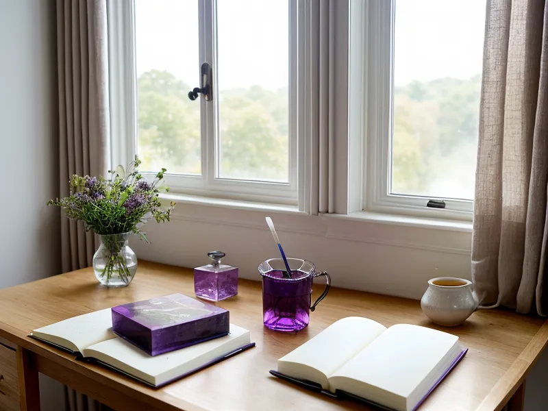 Ein Schreibtisch mit Kursunterlagen und Blick in einen grünen Innenhof in Freiburg.