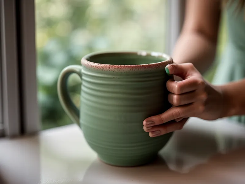 Hände halten eine Tasse vor einem Fenster mit Blick ins Grüne.