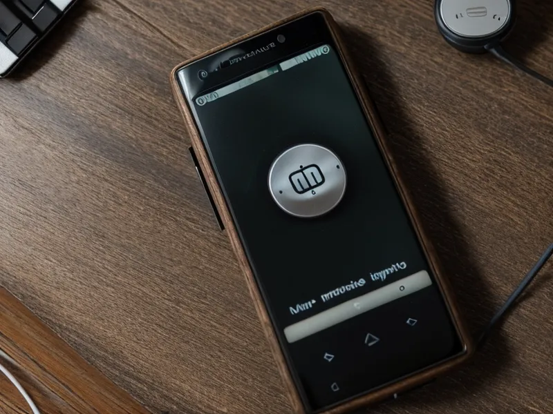 Ein Smartphone mit einer heruntergeladenen Audio-Datei auf einem Holztisch.