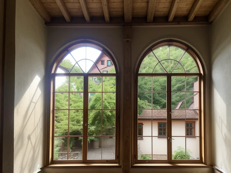 Blick aus einem Fenster in einen ruhigen Freiburger Innenhof bei Sonnenaufgang.