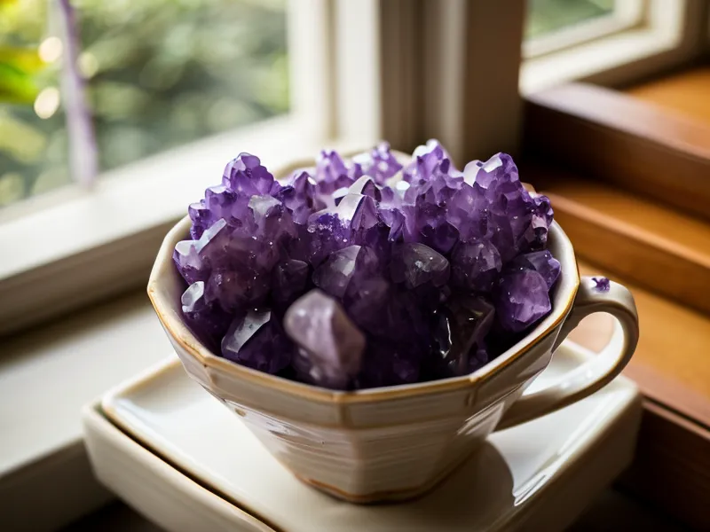 Amethyst und Kaffeetasse am Fenster — Morgenritual bei energetischer Arbeit gegen Hormon-Chaos