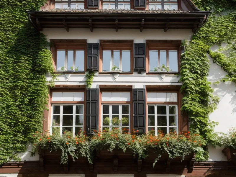Blick aus einem Fenster in einen Innenhof mit einem Kalender an der Wand.