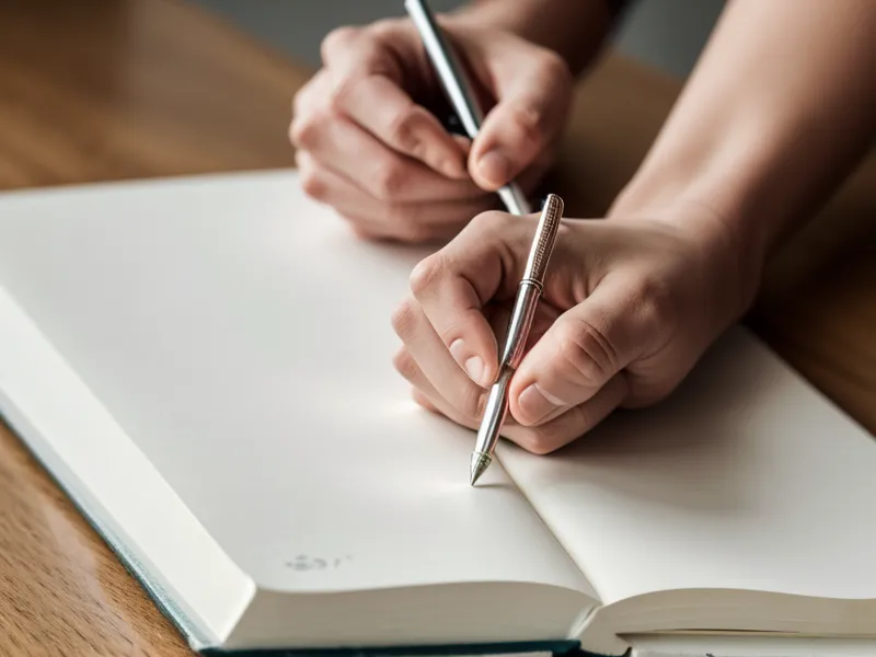 Nahaufnahme einer Hand, die Notizen in ein Heft schreibt, mit einer Yogamatte im Hintergrund.