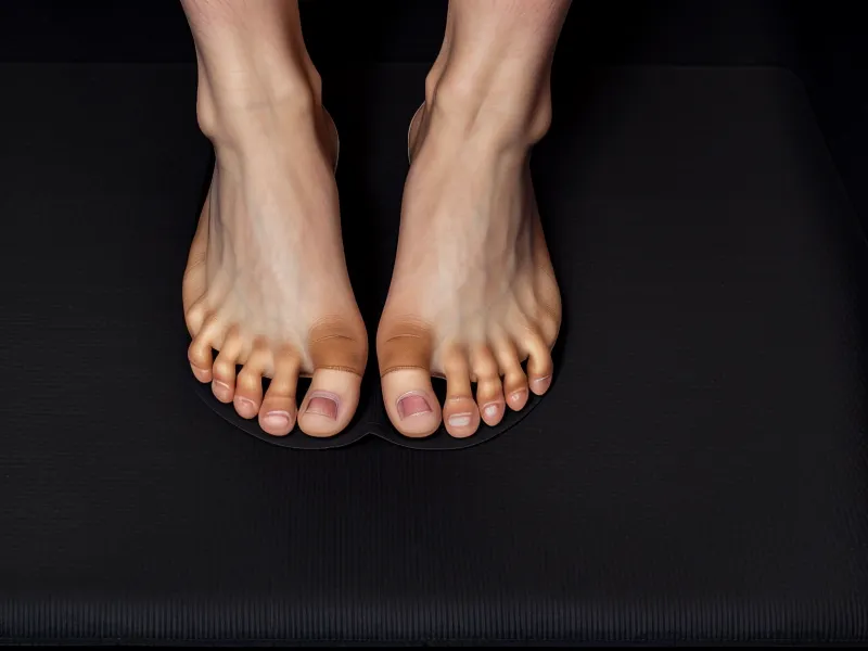 Barfuß auf einer Yogamatte stehend, um das Konzept der Erdung zu verdeutlichen.