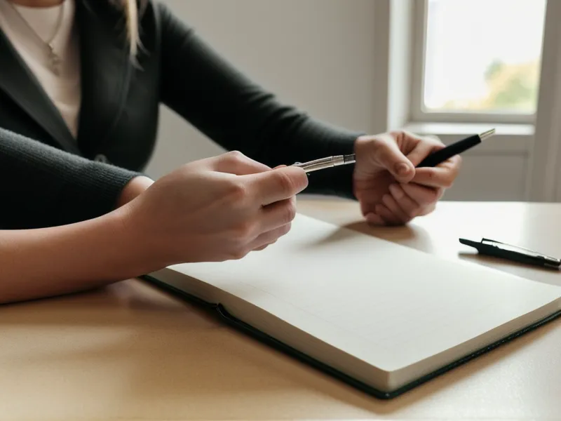 Nahaufnahme einer Hand, die Notizen in ein DIN A5 Heft schreibt.