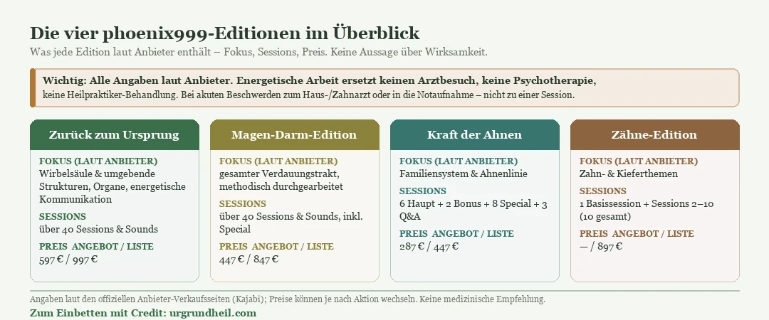 Vergleich der vier phoenix999-Editionen (Zurück zum Ursprung, Magen-Darm, Kraft der Ahnen, Zähne) nach Fokus, Sessionzahl und Preis laut Anbieter, mit dem Hinweis, dass energetische Arbeit keinen Arztbesuch ersetzt